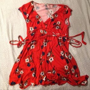 Faux wrap red floral dress